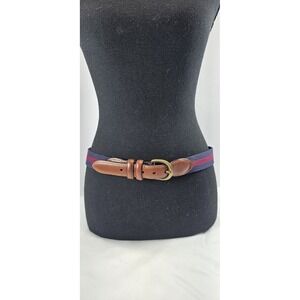 ORVIS Men's Striped Canvas Leather Belt Brass Buckle Size 36-38 USA Preppy
